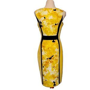 Enfocus Studio Yellow Floral Sheath Dress Black Trim‎ Knee Length Size 10